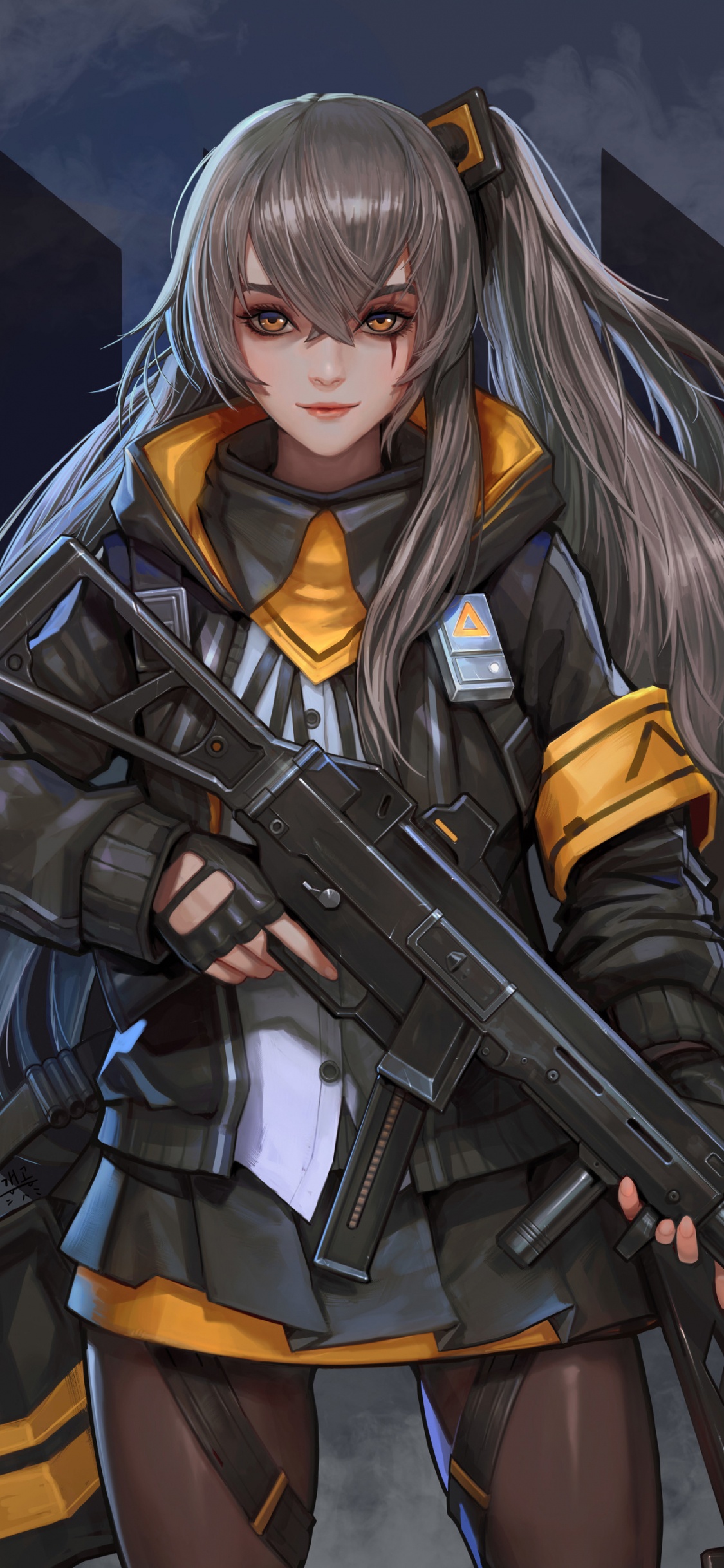 Femme en Manteau Noir et Jaune Tenant Une Illustration de Fusil. Wallpaper in 1125x2436 Resolution