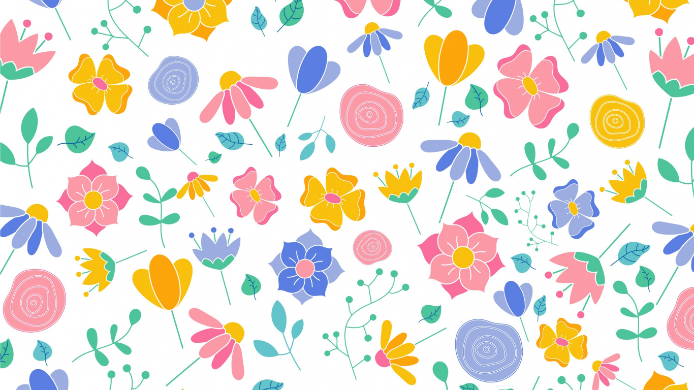 Rosa Gelbe Und Blaue Blumenillustration. Wallpaper in 1366x768 Resolution