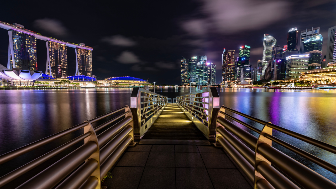 滨海湾新加坡, 城市景观, 大都会, 城市, 紫色的 壁纸 1280x720 允许