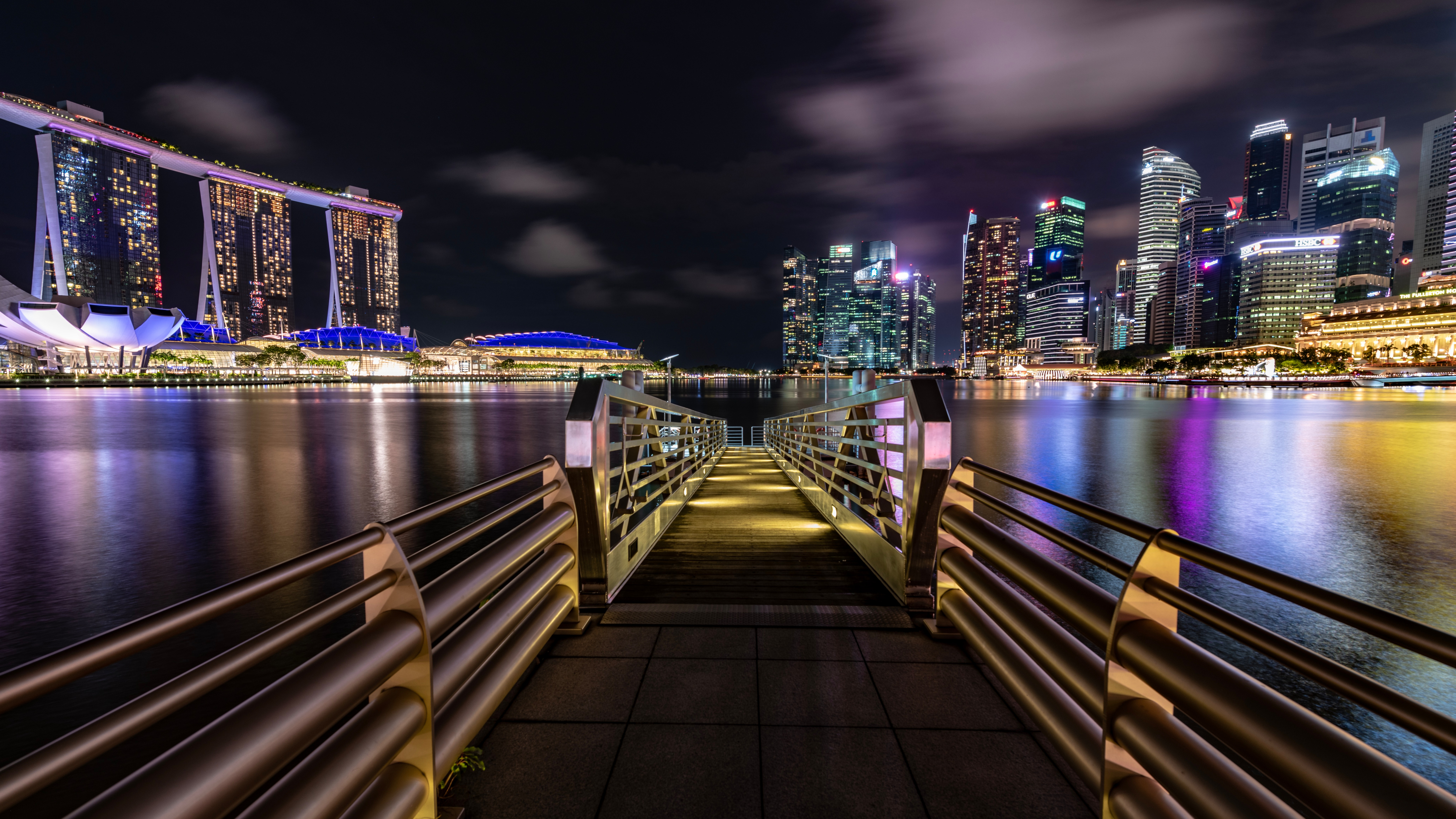 滨海湾新加坡, 城市景观, 大都会, 城市, 紫色的 壁纸 7680x4320 允许