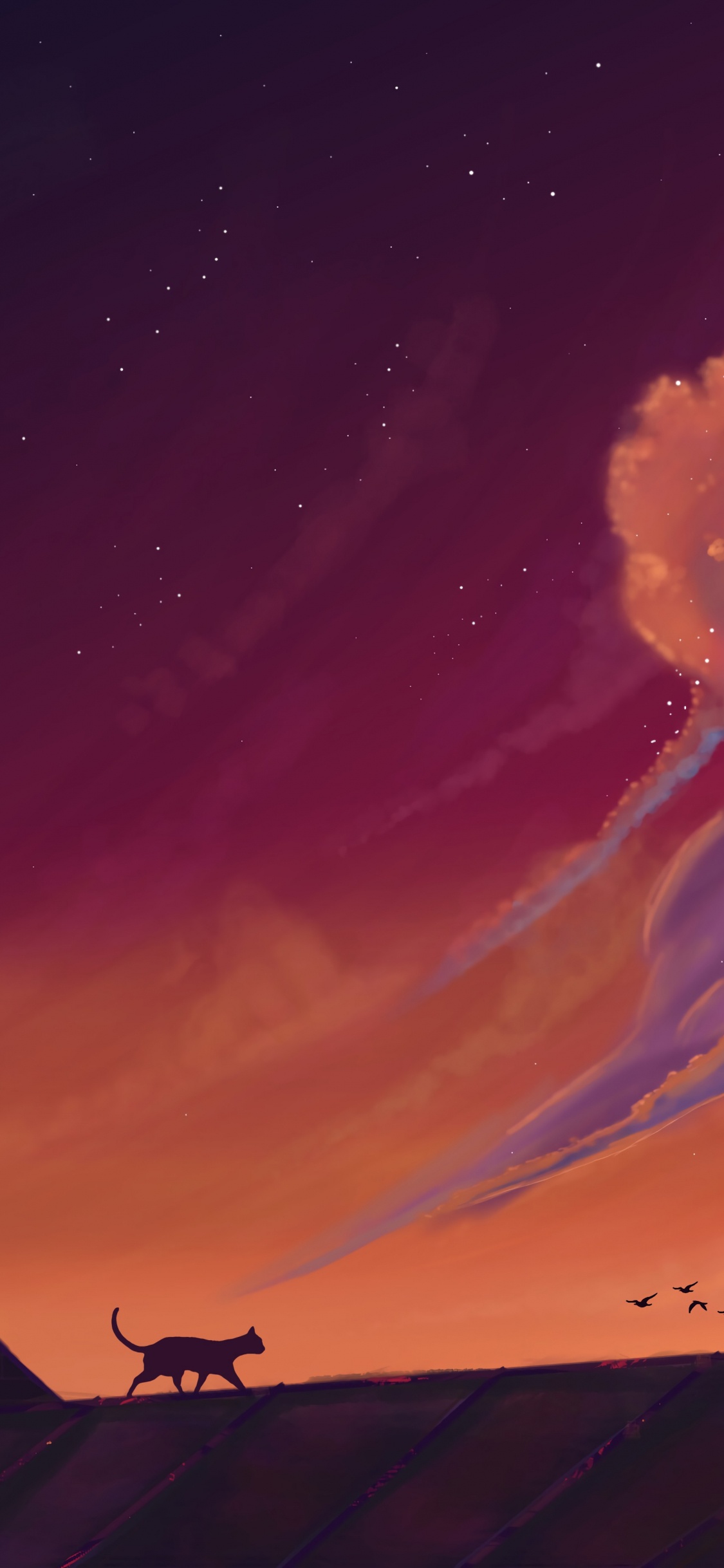 Silhouette of House Under Orange Sky. Wallpaper in 1125x2436 Resolution