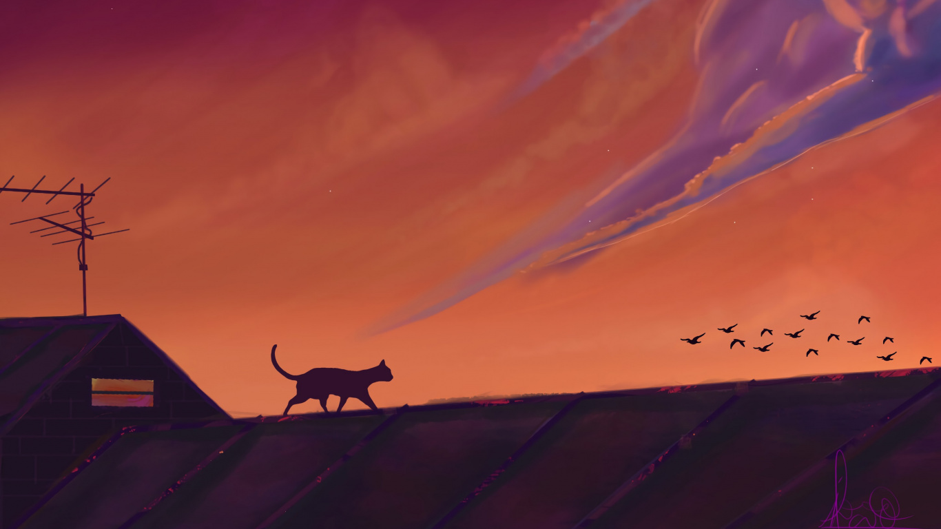 Silueta de Casa Bajo el Cielo Naranja. Wallpaper in 1366x768 Resolution