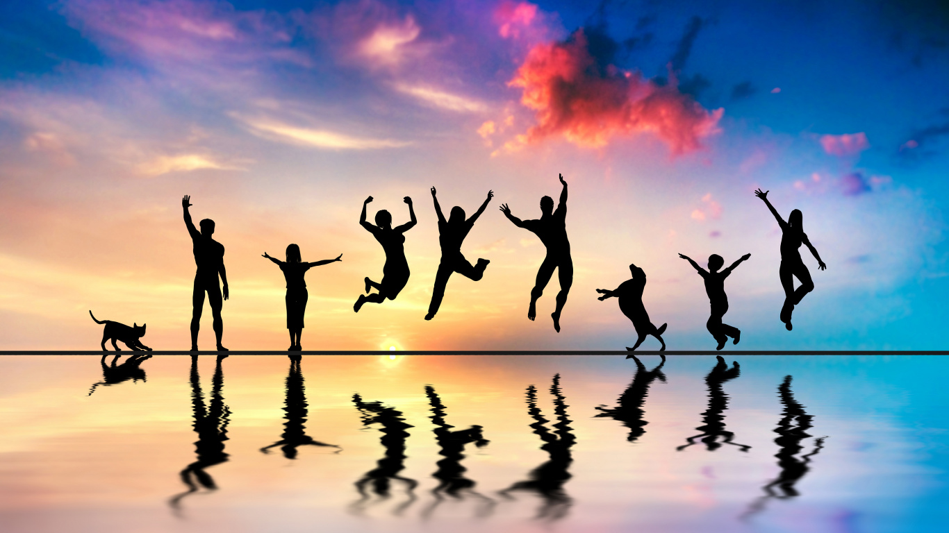 Happiness, Water, Reflection, Fun, Silhouette. Wallpaper in 1366x768 Resolution