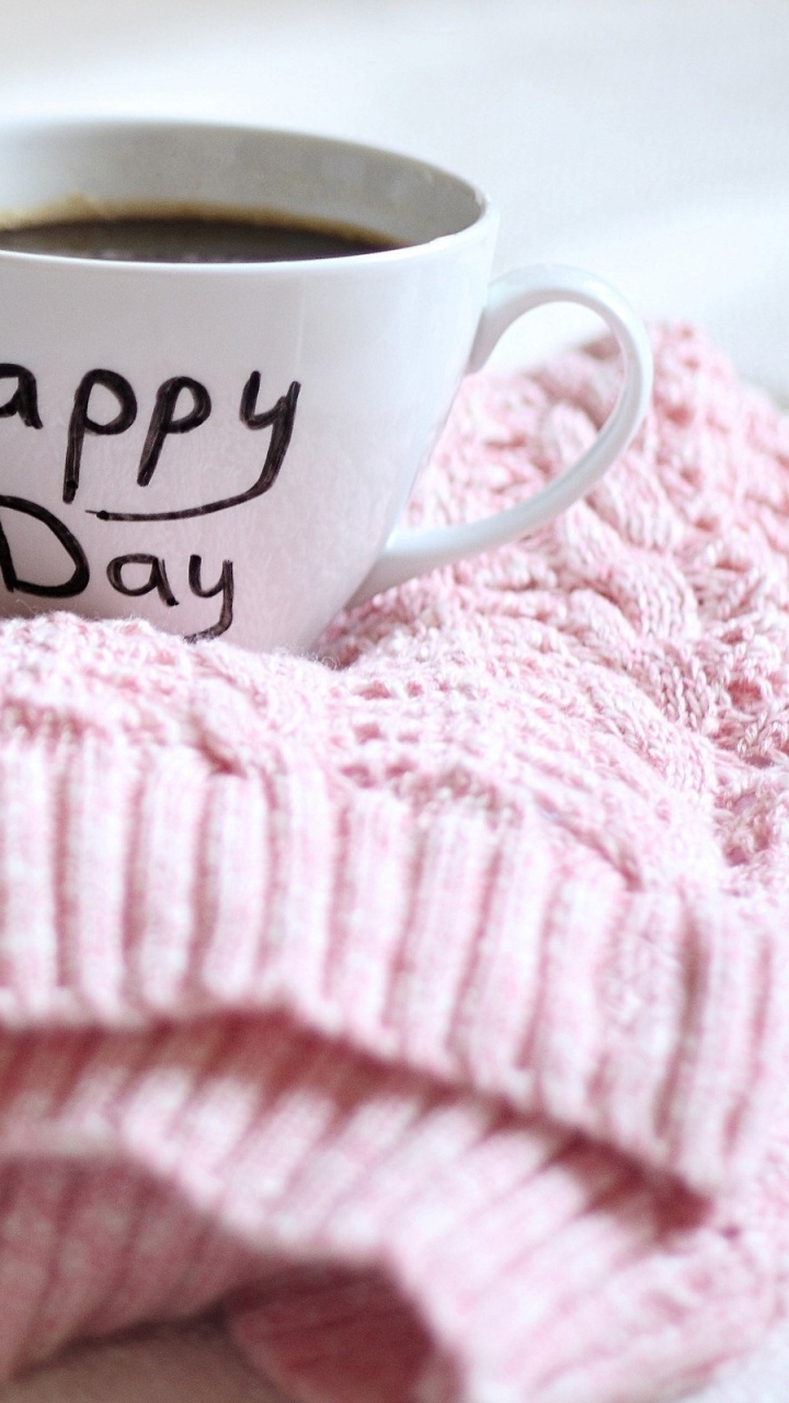 White Ceramic Mug on Pink Knit Textile. Wallpaper in 720x1280 Resolution