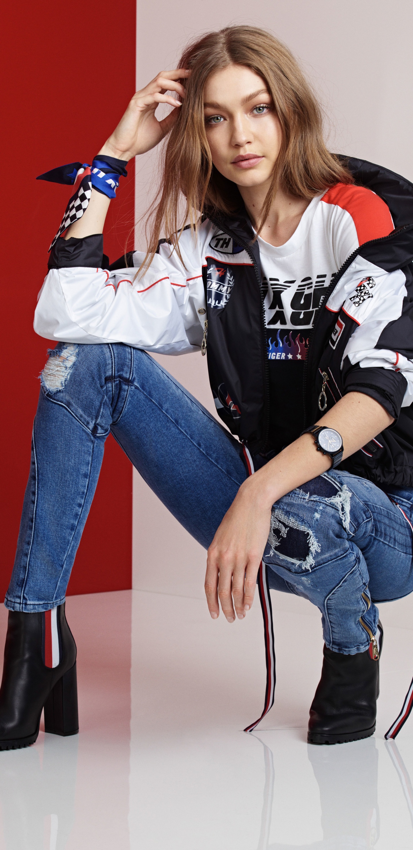 Tommy Hilfiger Gigi Hadid, T-shirt, Tommy Hilfiger, Watch, Jeans. Wallpaper in 1440x2960 Resolution