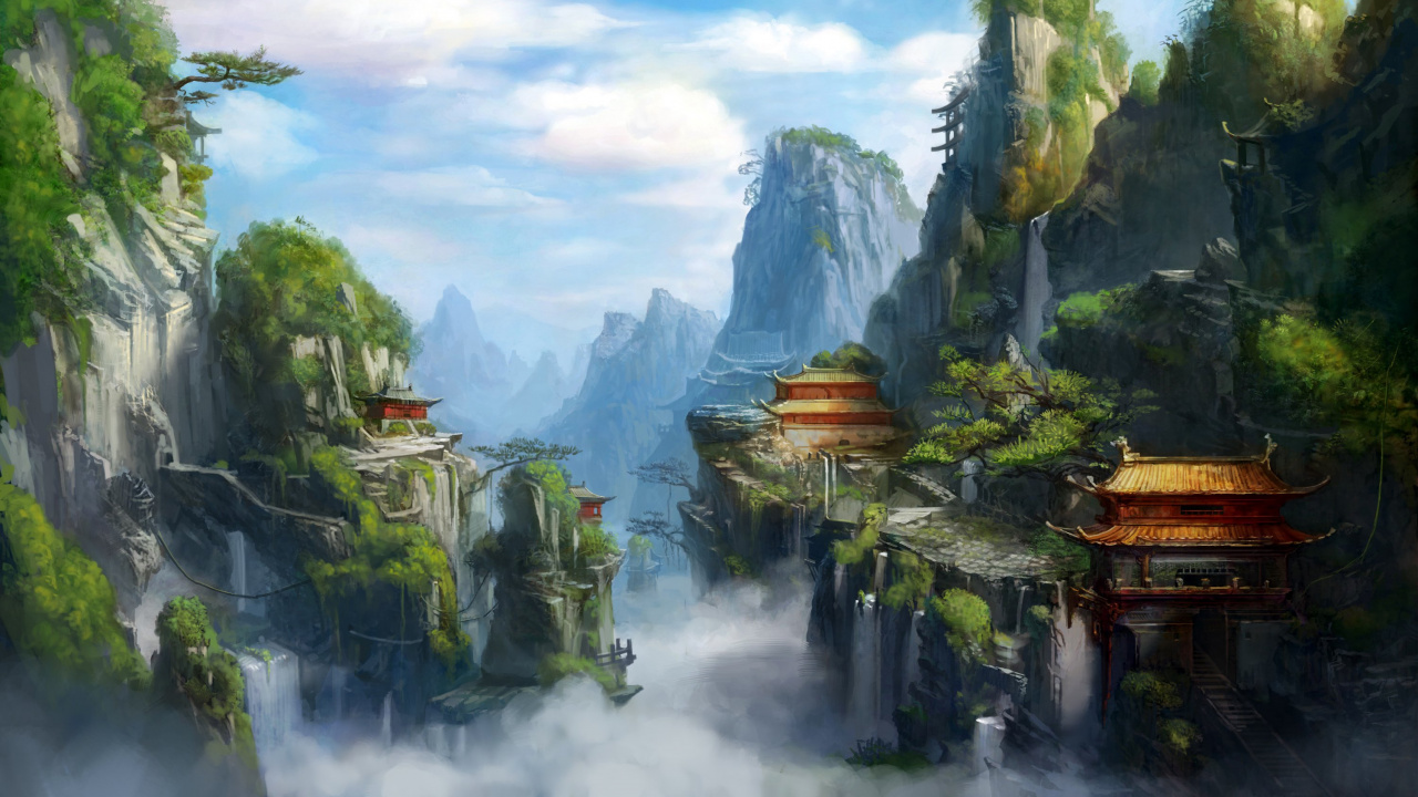 Brown and Green House Near Green Trees and Mountain Under White Clouds and Blue Sky During. Wallpaper in 1280x720 Resolution