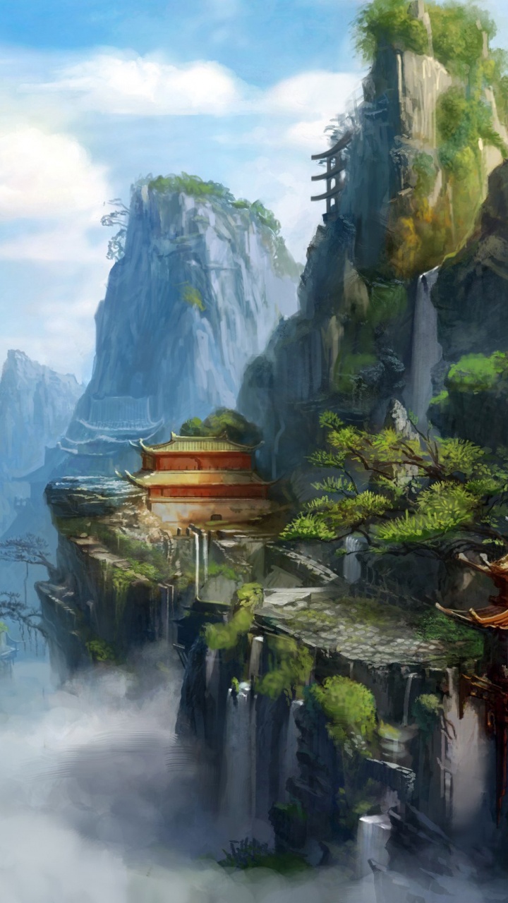 Brown and Green House Near Green Trees and Mountain Under White Clouds and Blue Sky During. Wallpaper in 720x1280 Resolution