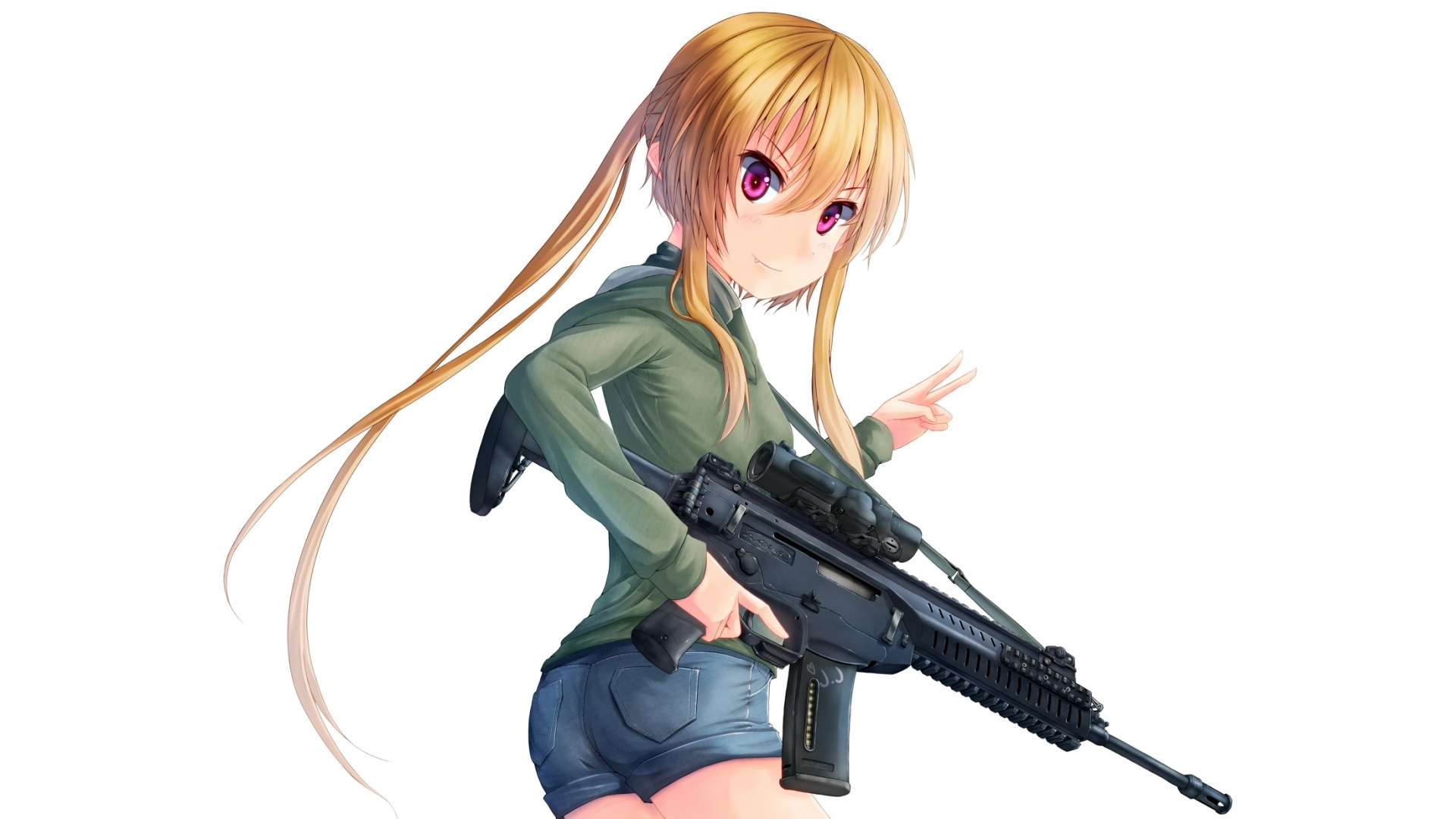 Mujer de Chaqueta Verde Sosteniendo el Personaje de Anime de Rifle. Wallpaper in 1920x1080 Resolution