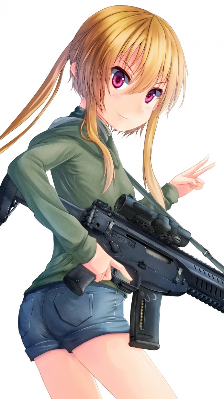 Mujer de Chaqueta Verde Sosteniendo el Personaje de Anime de Rifle. Wallpaper in 750x1334 Resolution