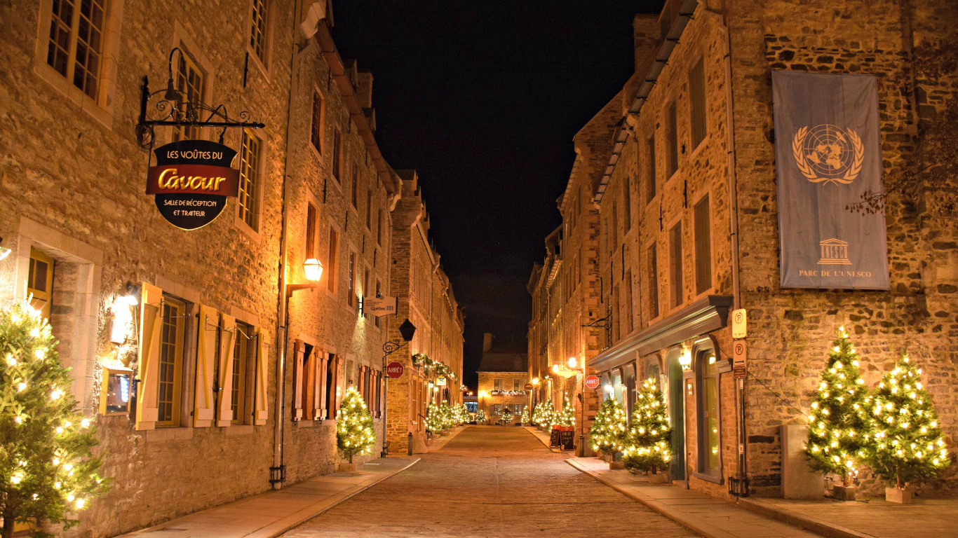 魁北克的城市, 圣诞节那天, 蒙特利尔, 街, 巷子里 壁纸 1366x768 允许
