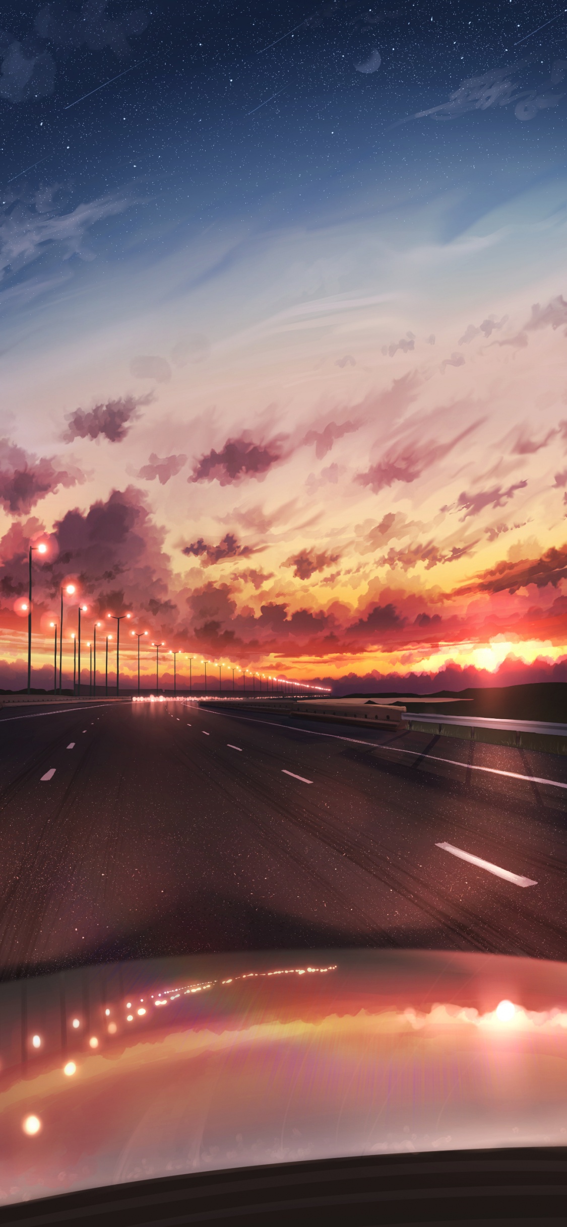 Route Goudronnée Noire au Coucher du Soleil. Wallpaper in 1125x2436 Resolution