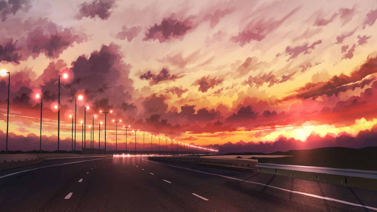 Route Goudronnée Noire au Coucher du Soleil. Wallpaper in 1280x720 Resolution