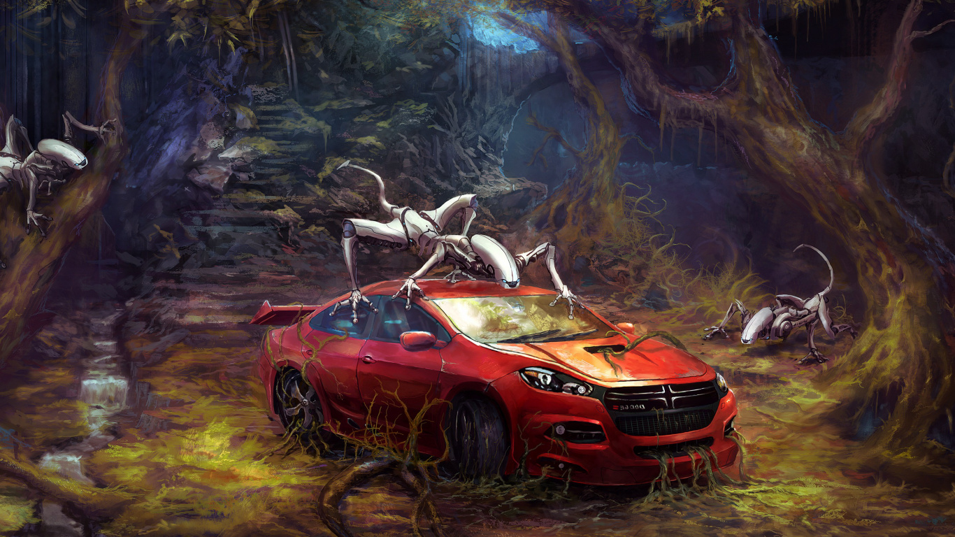Red Chevrolet Camaro on Forest During Daytime. Wallpaper in 1366x768 Resolution
