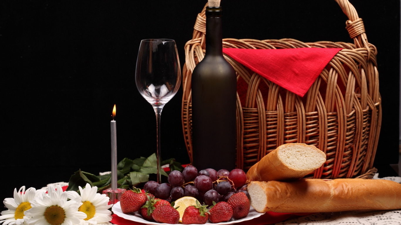 Strawberries and Grapes on Brown Woven Basket Beside Wine Glass. Wallpaper in 1366x768 Resolution