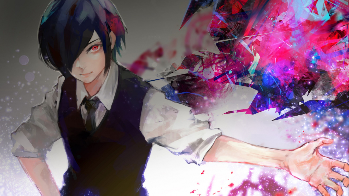 Touka雾岛, 肯kaneki, 东京食尸鬼, 扇子的艺术, 粉红色 壁纸 1366x768 允许