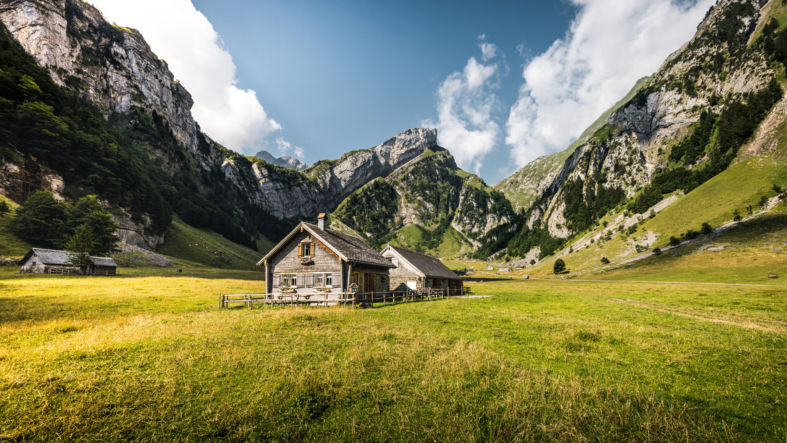 Seealpsee, 绿色的, 自然景观, 的房子, 高地 壁纸 2560x1440 允许