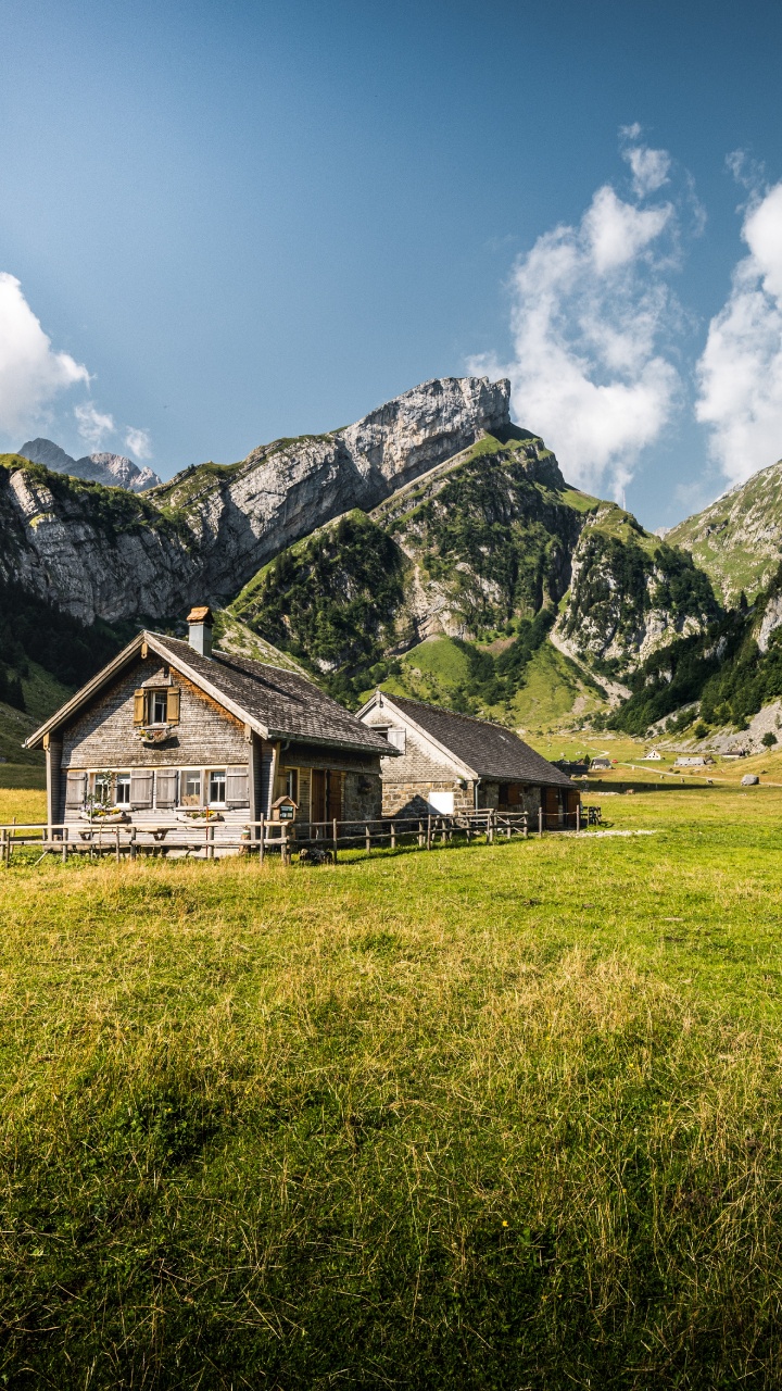 Seealpsee, 绿色的, 自然景观, 的房子, 高地 壁纸 720x1280 允许