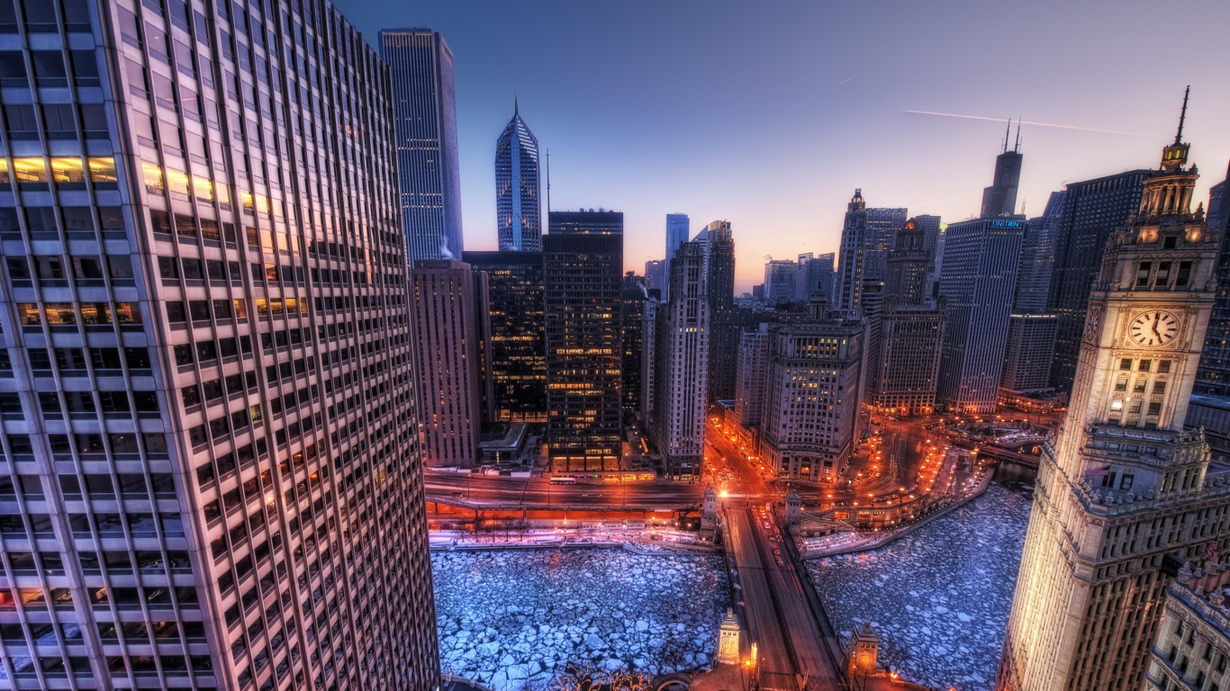 Skyline Der Stadt Bei Nacht Night. Wallpaper in 1366x768 Resolution
