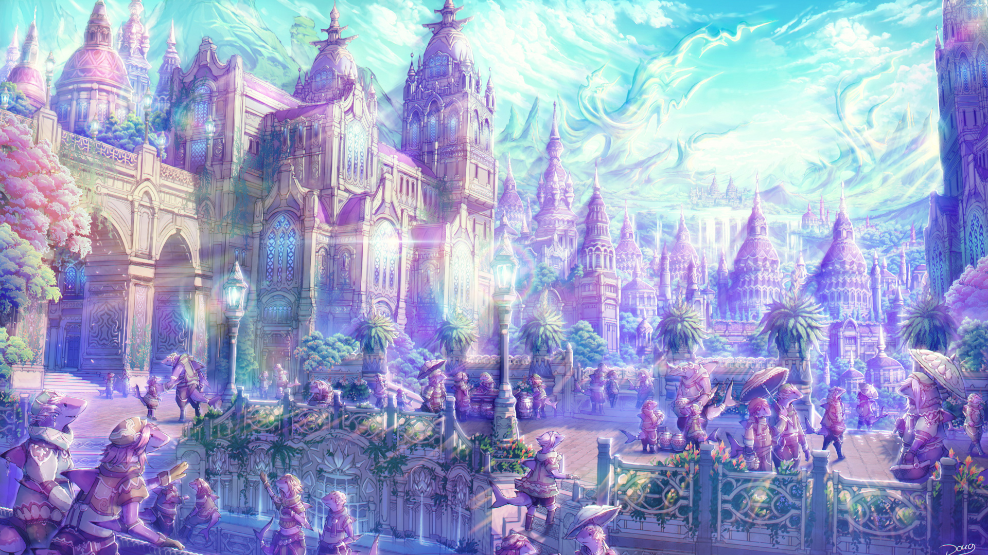 Blue and White Building Painting. Wallpaper in 1920x1080 Resolution