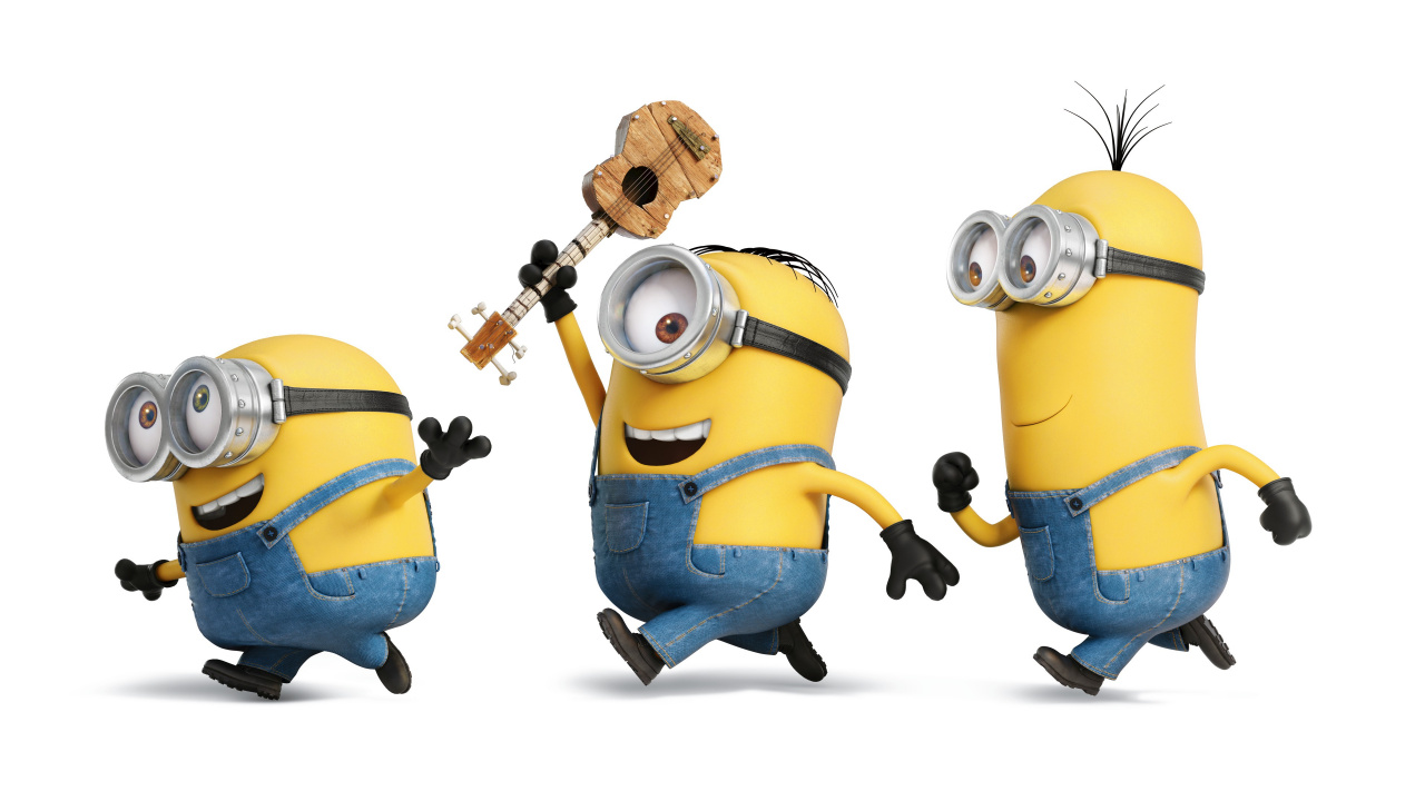 Two Minions Holding Guitar and Guitar. Wallpaper in 1280x720 Resolution