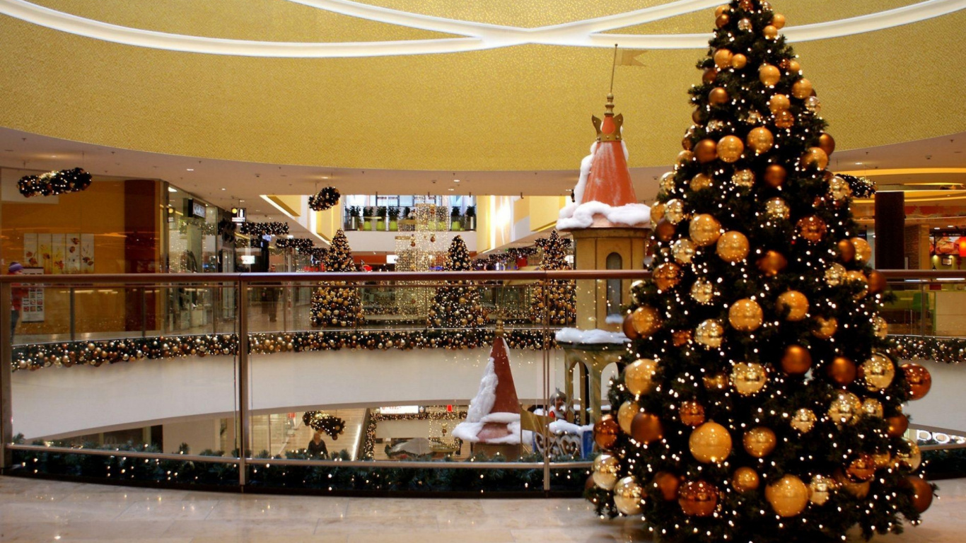 Decoración de la Navidad, Vestíbulo, Guirnalda, Árbol de Año Nuevo. Wallpaper in 1366x768 Resolution