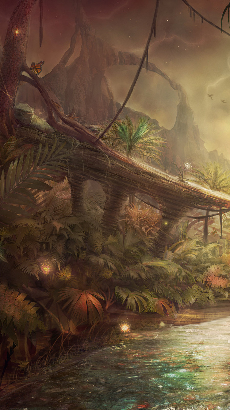 Grüne Palmen in Der Nähe Von Gewässermalerei. Wallpaper in 750x1334 Resolution