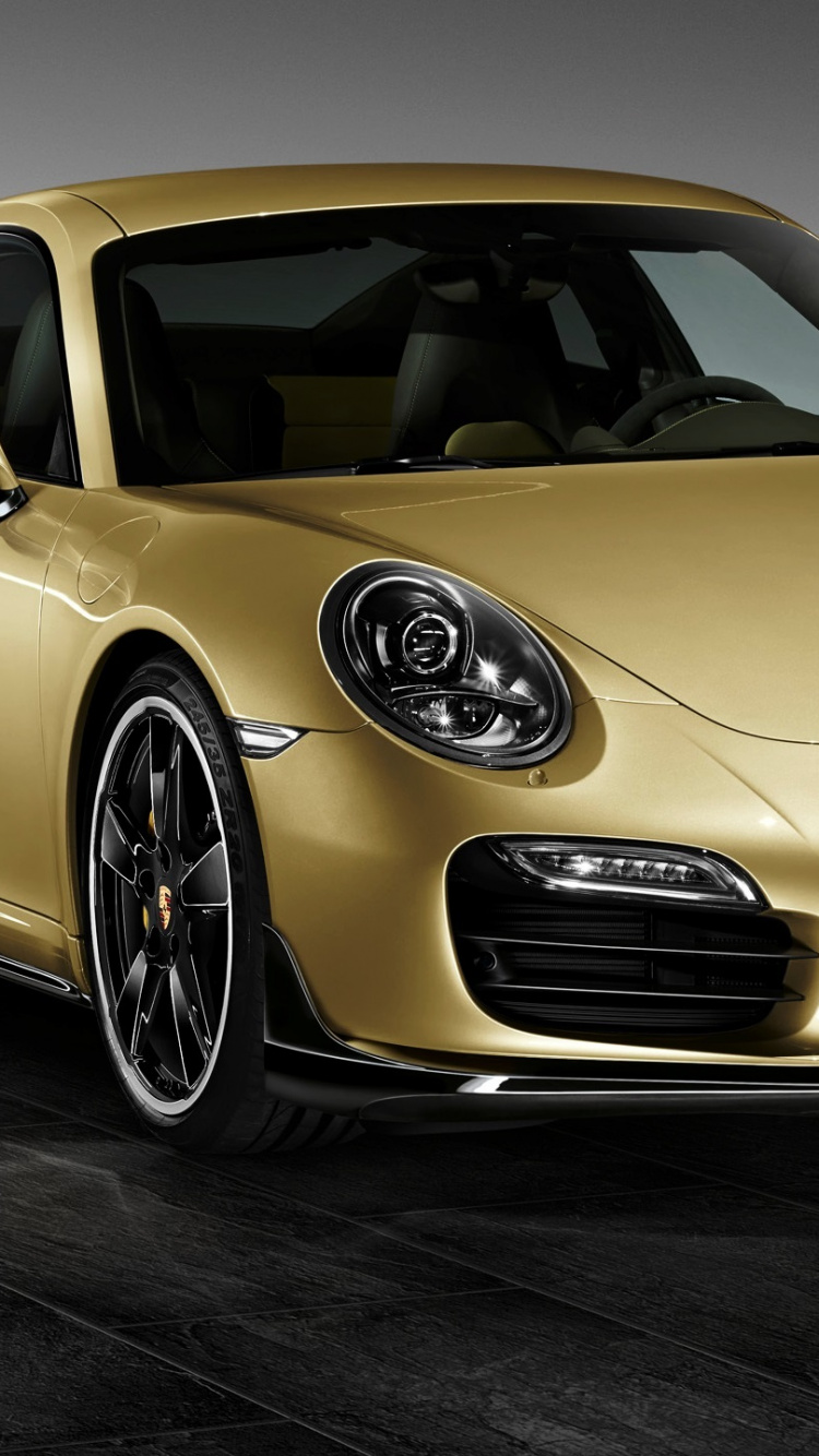 Yellow Porsche 911 on Black Background. Wallpaper in 750x1334 Resolution