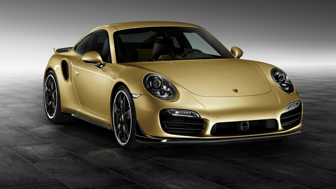 Porsche 911 Jaune Sur Fond Noir. Wallpaper in 1280x720 Resolution