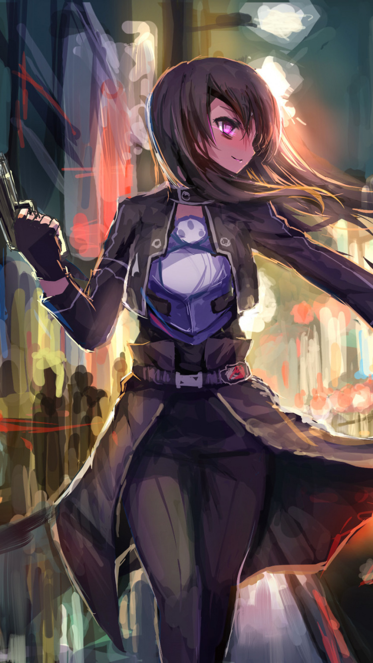 Femme en Robe Noire et Blanche Tenant un Pistolet. Wallpaper in 750x1334 Resolution