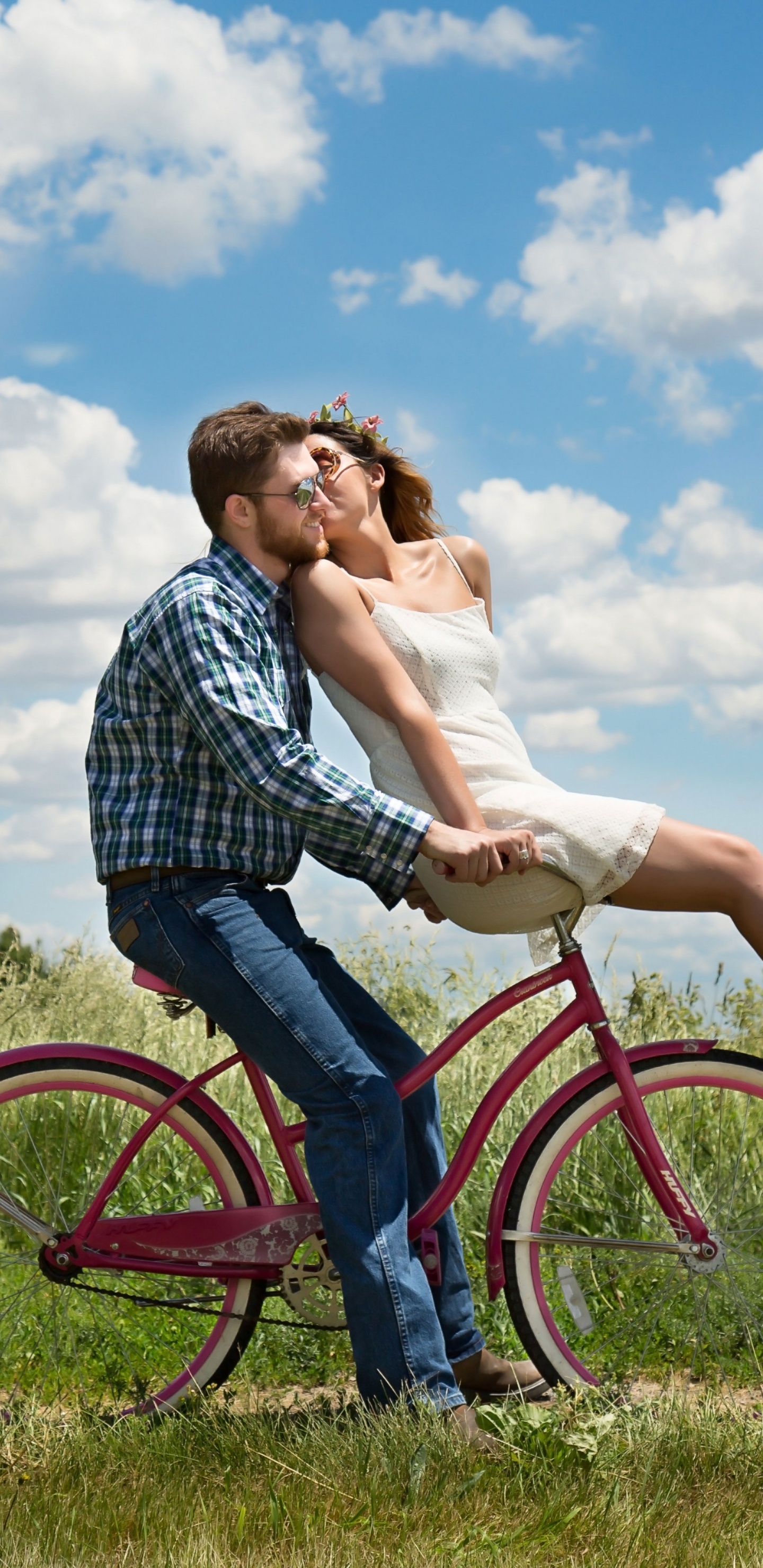 Couple, Romance, People in Nature, Bicycle, Grassland. Wallpaper in 1440x2960 Resolution