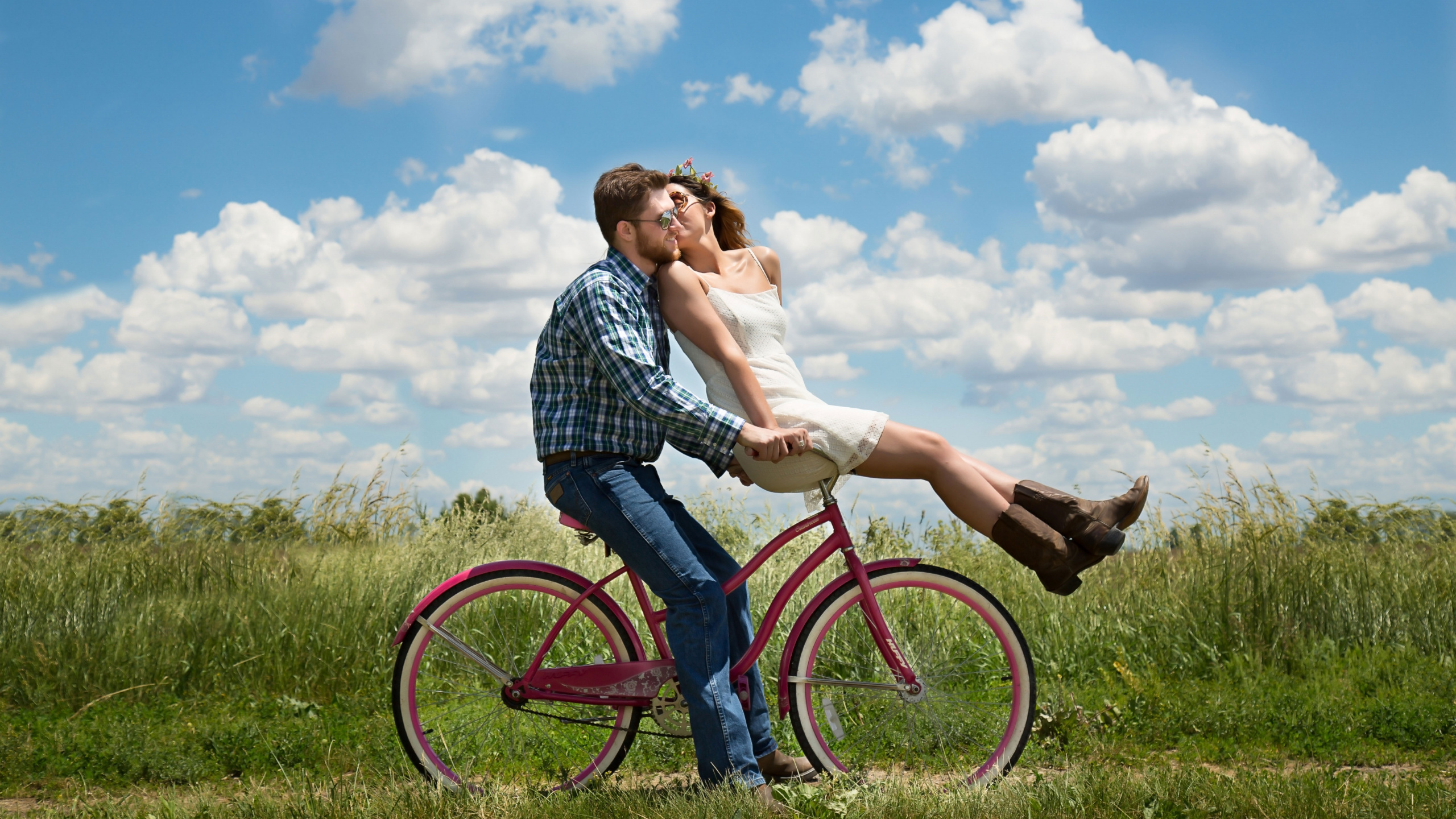 Couple, Romance, People in Nature, Bicycle, Grassland. Wallpaper in 2560x1440 Resolution