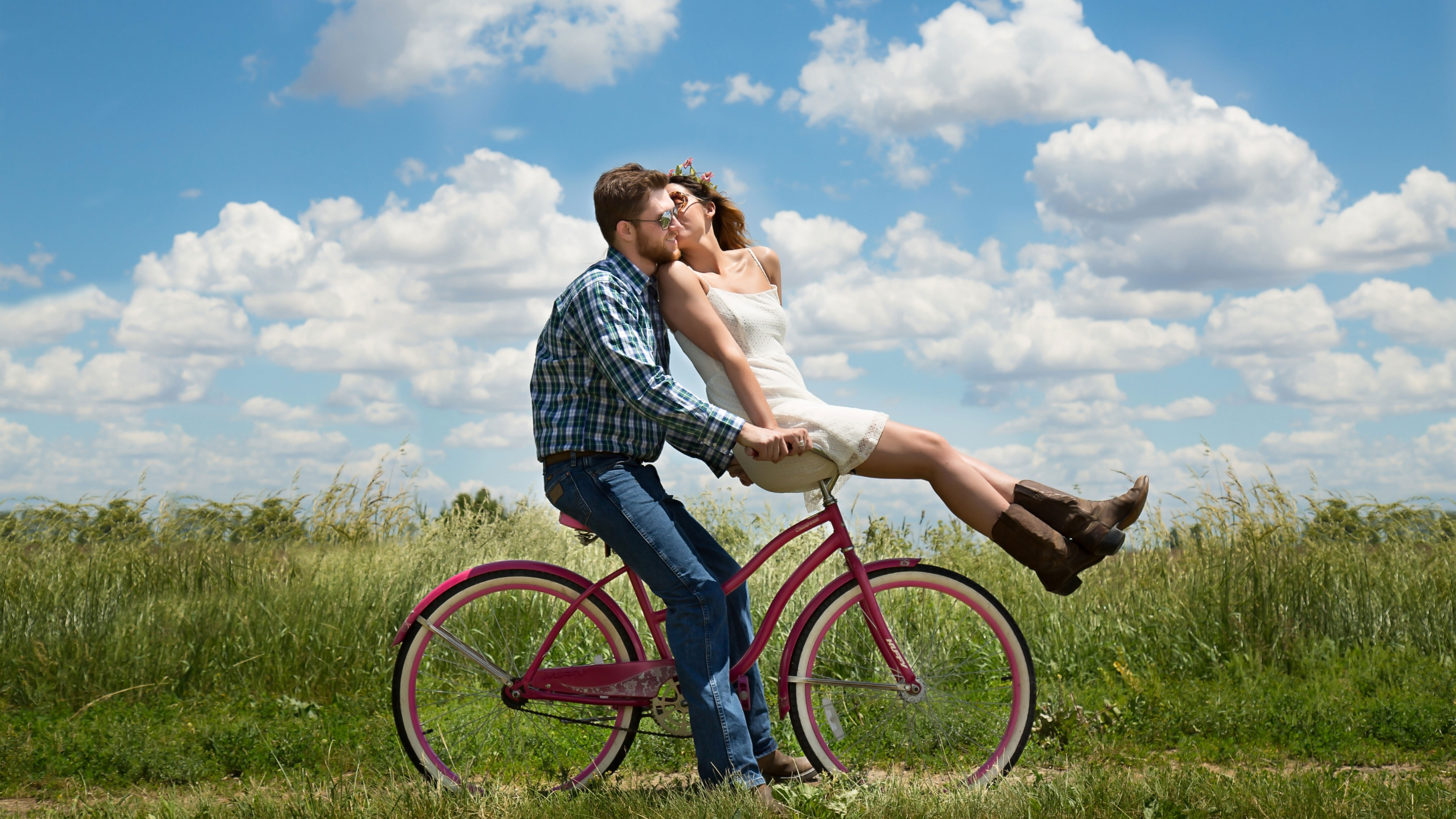 Couple, Romance, People in Nature, Bicycle, Grassland. Wallpaper in 3840x2160 Resolution