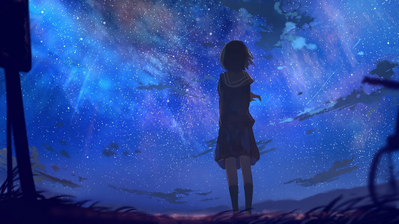 Woman in Black Dress Standing on Sand Under Starry Night. Wallpaper in 1366x768 Resolution