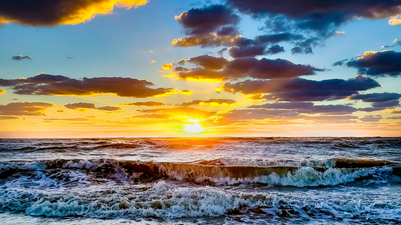 Meer, Horizont, Natur, Ozean, Sonnenuntergang. Wallpaper in 1280x720 Resolution
