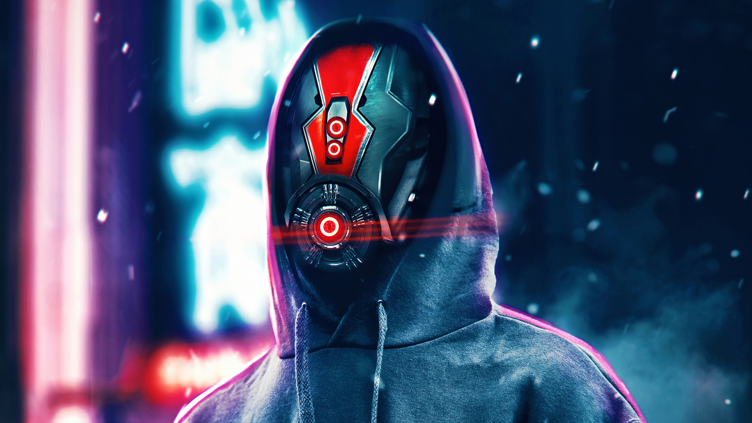 Person in Black and Red Hoodie Wearing Black and Red Mask. Wallpaper in 2560x1440 Resolution
