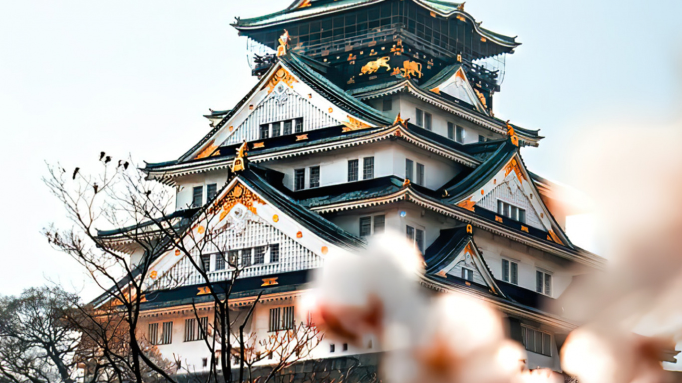 Parque Del Castillo de Osaka, El Castillo De Osaka, Cerezo, Castillo de Hiroshima, Castillo. Wallpaper in 1366x768 Resolution