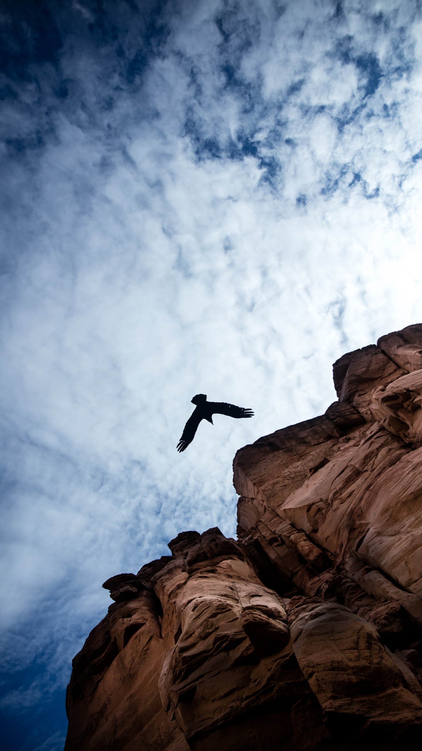 Man Jumping on Brown Rock Formation Sous Les Nuages Blancs et Ciel Bleu Pendant la Journée. Wallpaper in 1440x2560 Resolution