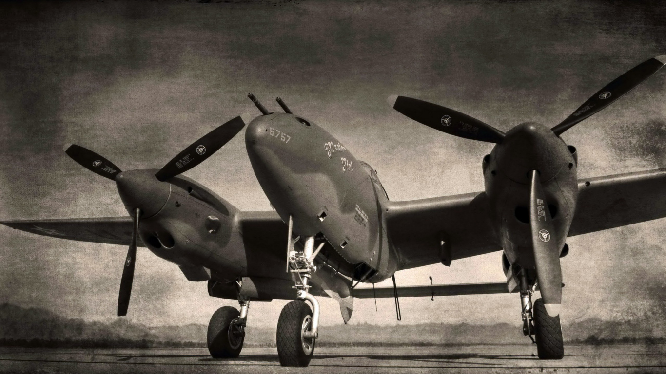 洛克希德 P-38 闪电, 航空, 螺旋桨, 军用飞机, 黑色和白色的 壁纸 1366x768 允许