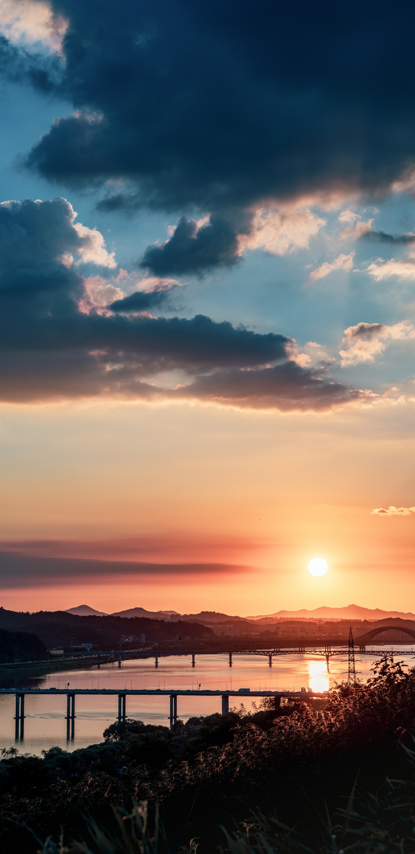 Puesta, Atardecer, Puente Benjamin Franklin, Agua, Los Recursos de Agua. Wallpaper in 1440x2960 Resolution