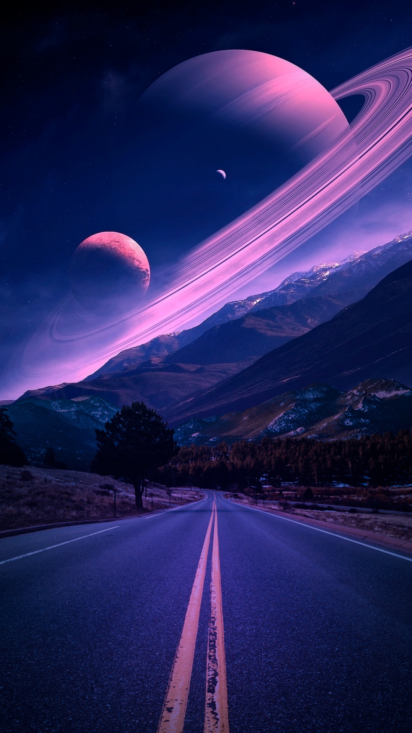 Download 1440x2560 Wallpaper Road With Planet, Planet, Earth, Solar System, Saturn Road With Planet, Planet, Earth, Solar System, Saturn. Wallpaper in 1440x2560 Resolution