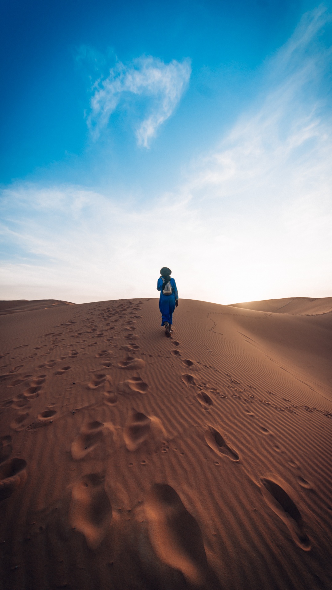Person in Blauer Jacke, Die Tagsüber Auf Braunem Sand Unter Blauem Himmel Geht. Wallpaper in 1080x1920 Resolution