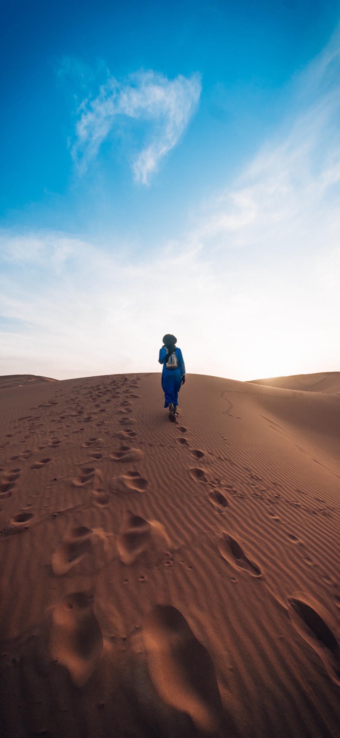 Person in Blauer Jacke, Die Tagsüber Auf Braunem Sand Unter Blauem Himmel Geht. Wallpaper in 1125x2436 Resolution