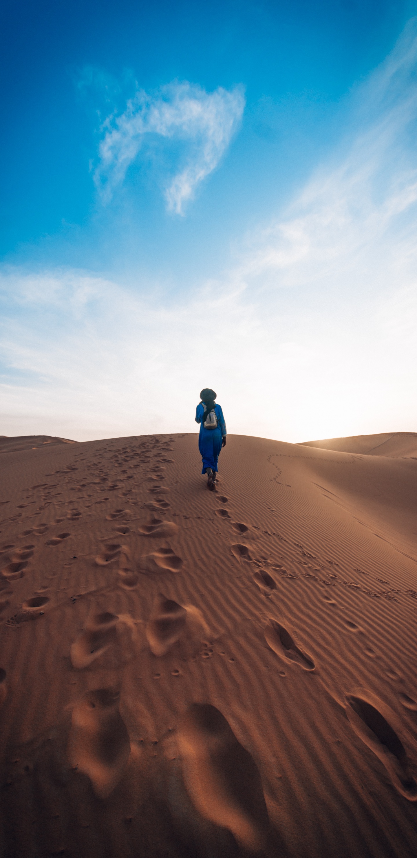 Person in Blue Jacket Walking on Brown Sand Under Blue Sky During Daytime. Wallpaper in 1440x2960 Resolution