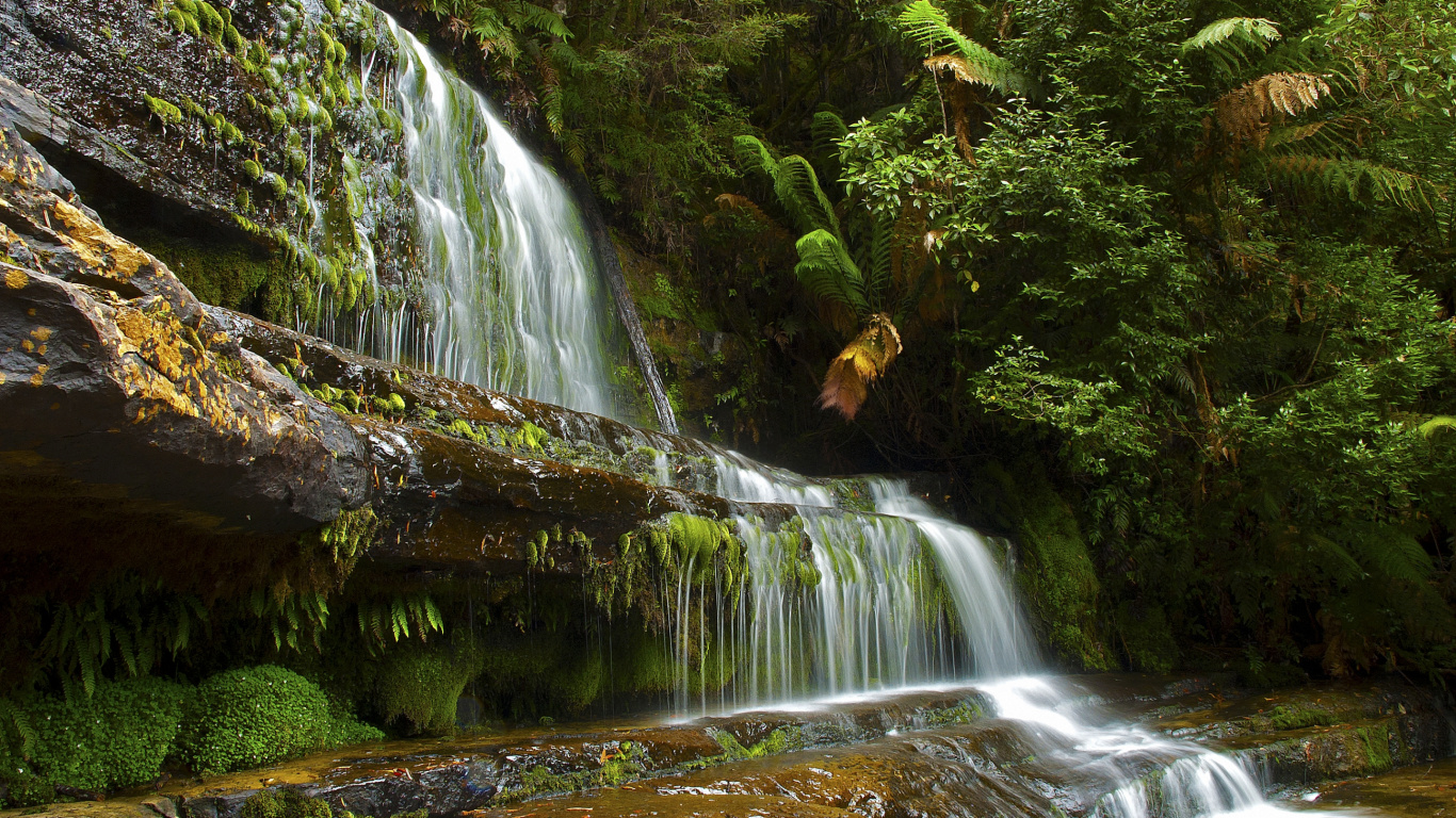 Water Falls on Brown Rock. Wallpaper in 1366x768 Resolution