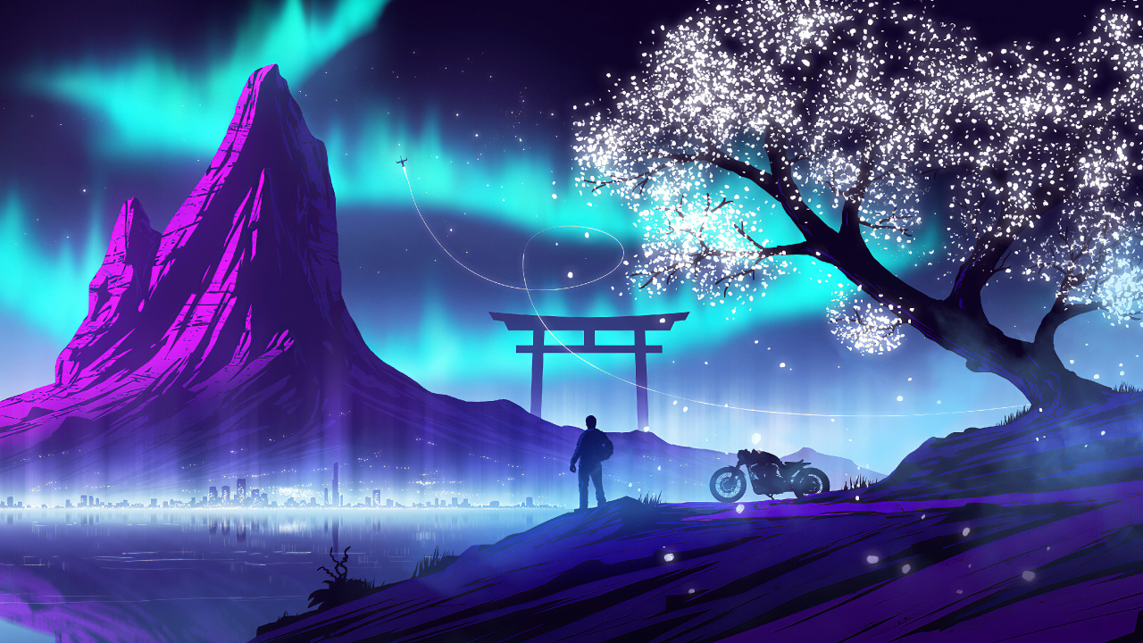 Synthwave, Arte Digital, Ambiente, Luz, Morado. Wallpaper in 1280x720 Resolution