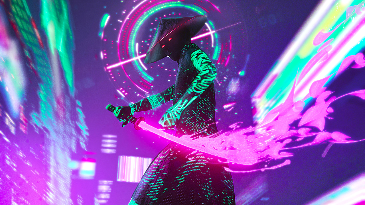 Neon, Samurai, Neon-Beleuchtung, Purpur, Licht. Wallpaper in 1280x720 Resolution