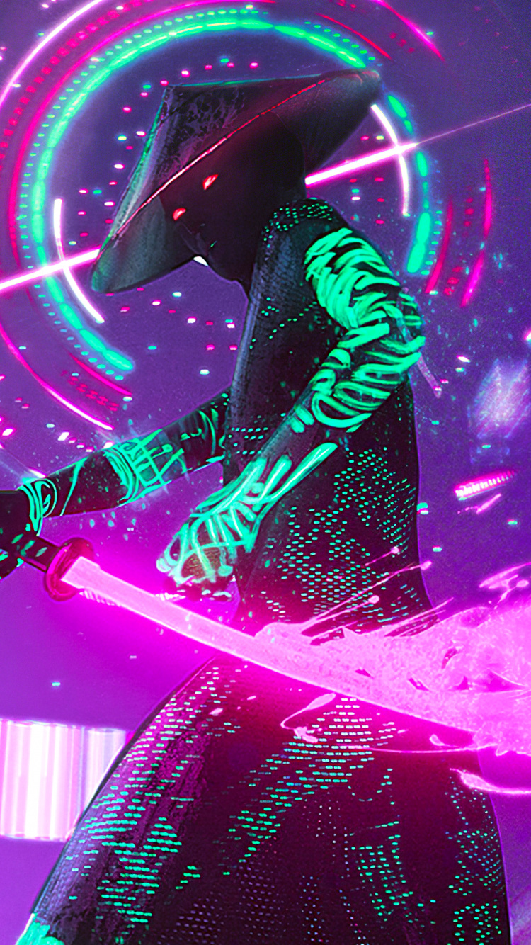 Neon, Samurai, Neon-Beleuchtung, Purpur, Licht. Wallpaper in 750x1334 Resolution