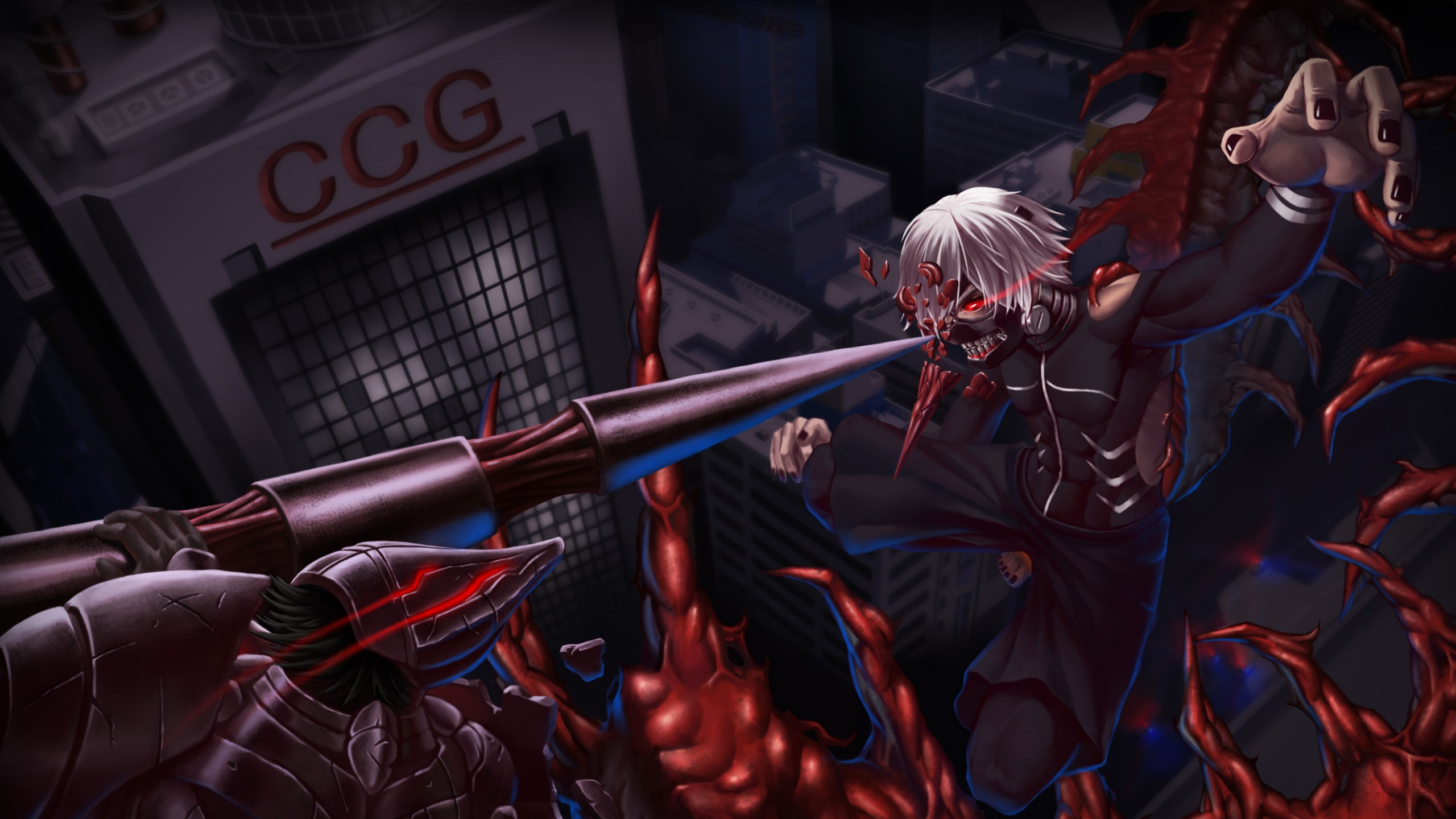 Femme Aux Cheveux Blancs Tenant un Fusil Noir et Rouge. Wallpaper in 2560x1440 Resolution