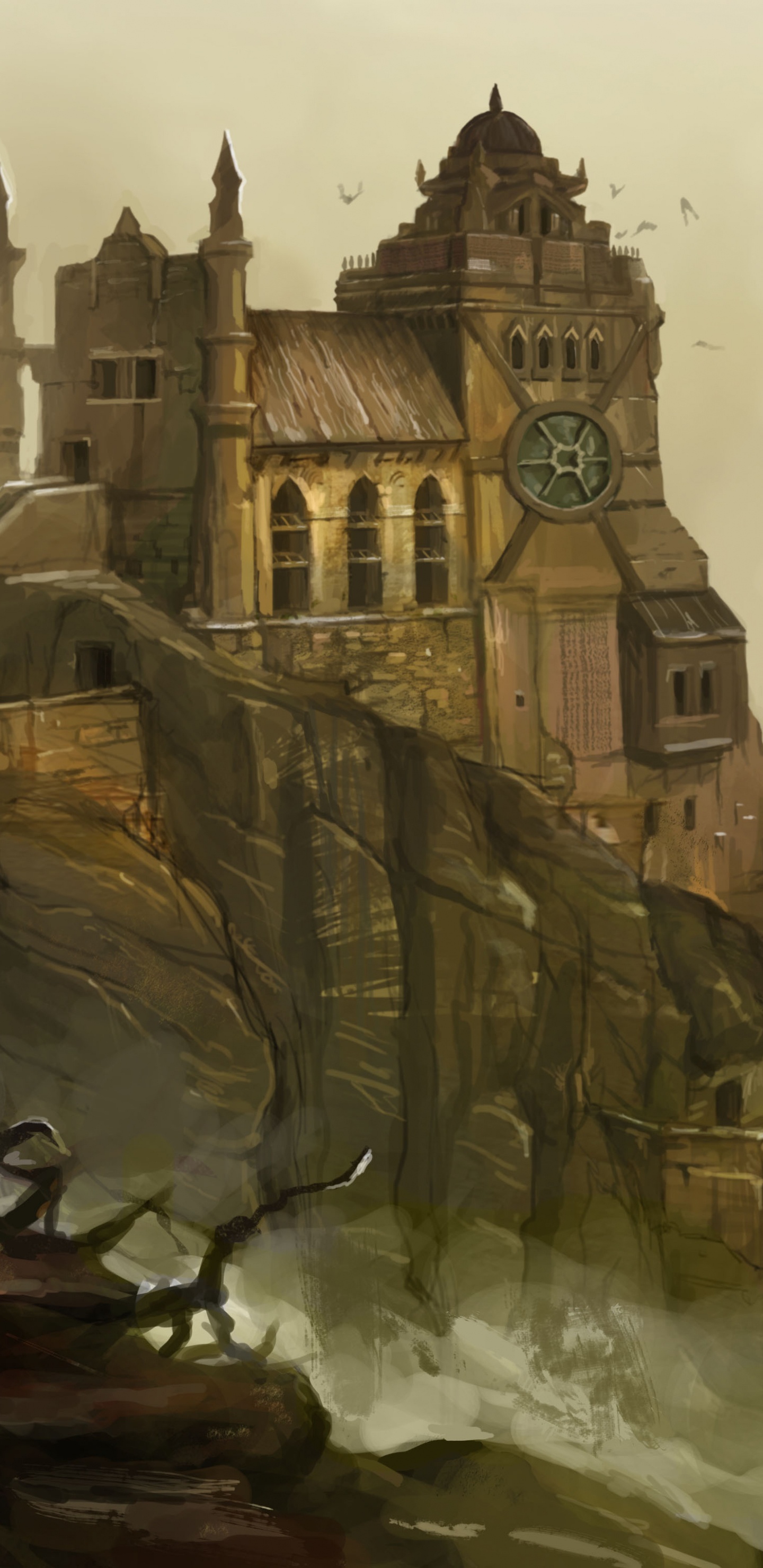 Brown and White Concrete Building Near Body of Water Painting. Wallpaper in 1440x2960 Resolution