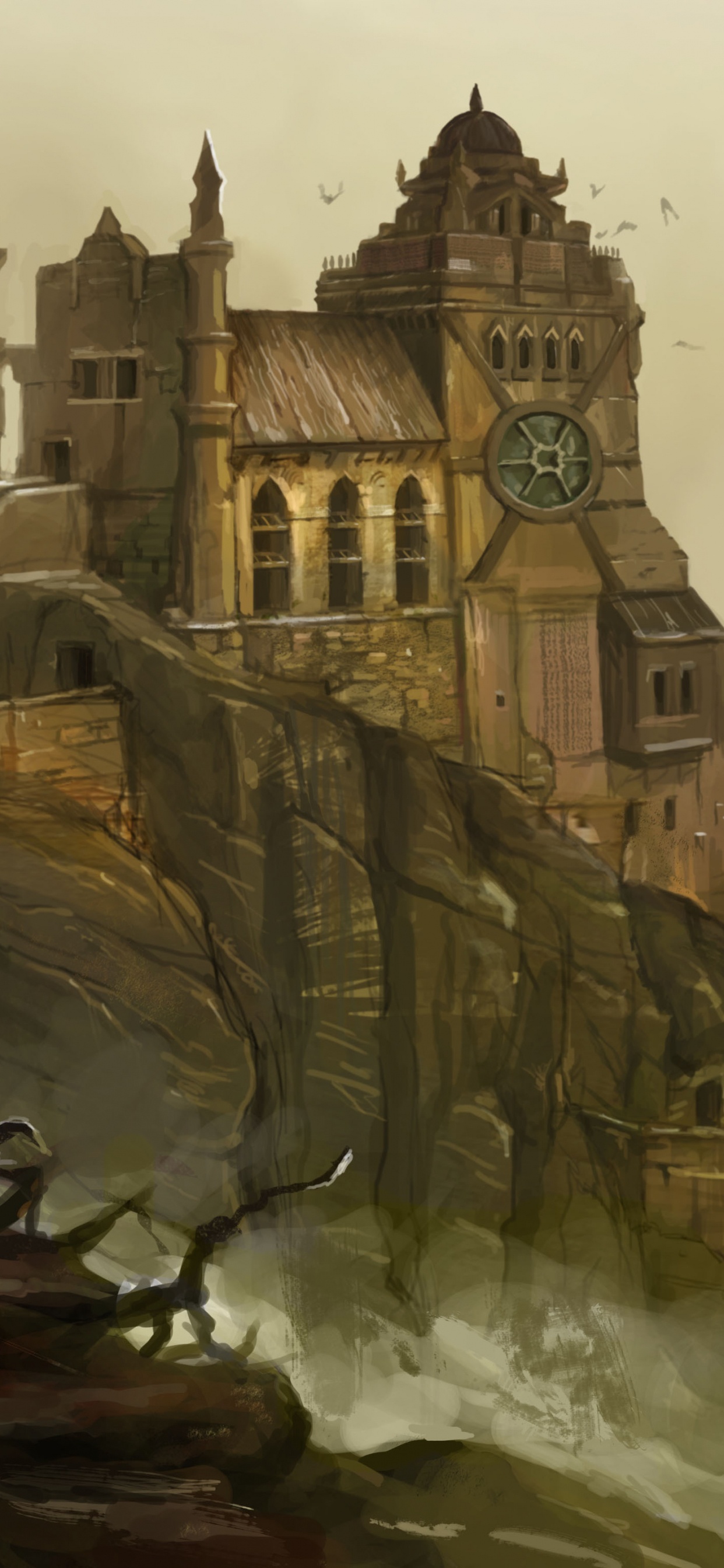 Edificio de Hormigón Marrón y Blanco Cerca Del Cuerpo de Pintura al Agua. Wallpaper in 1242x2688 Resolution